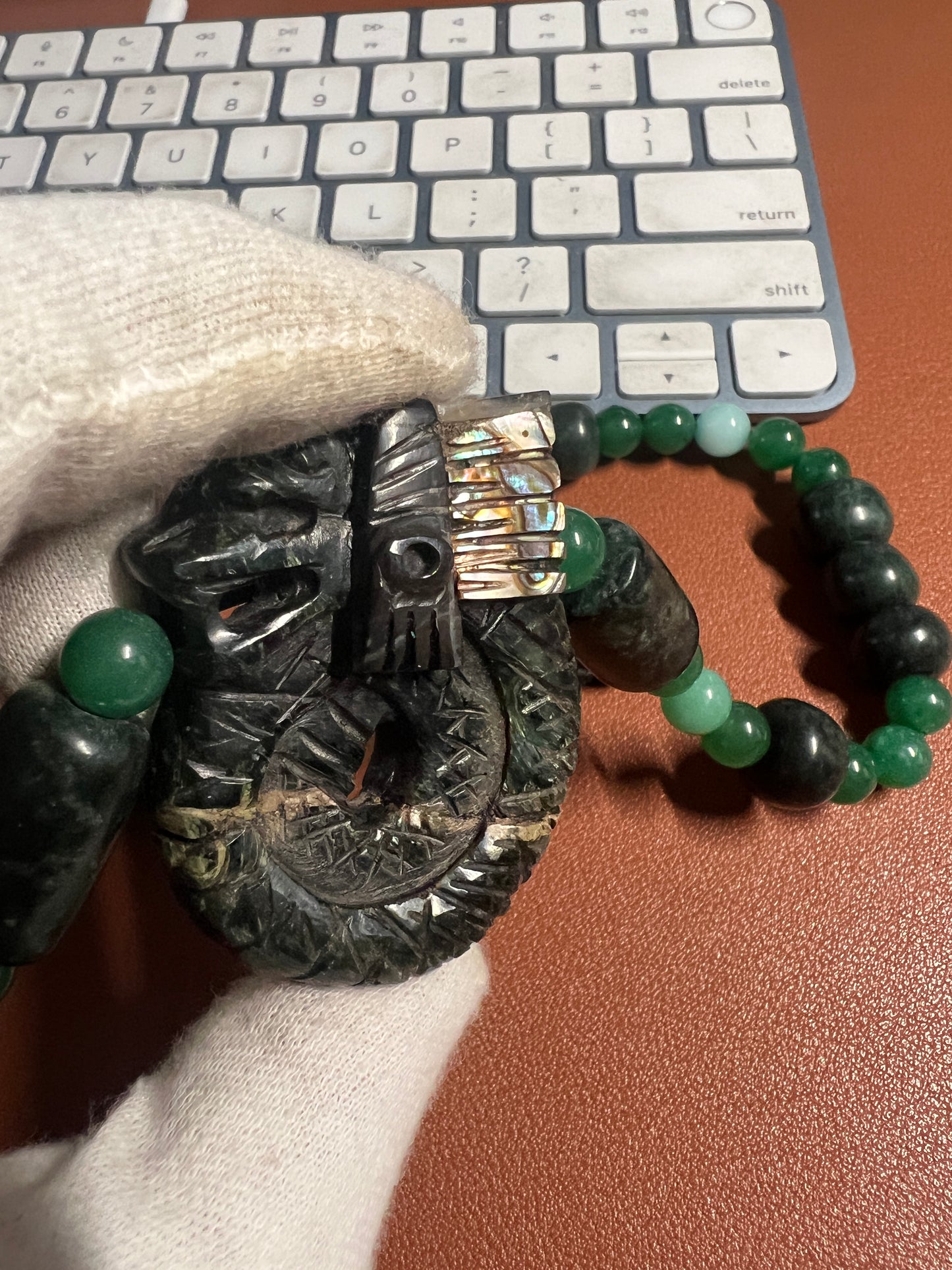Mayan Kukulkan Azteca Quetzalcoatl, Serpentine, Mother of Pearl, Aventurine Necklace Mexican, Mexico #9