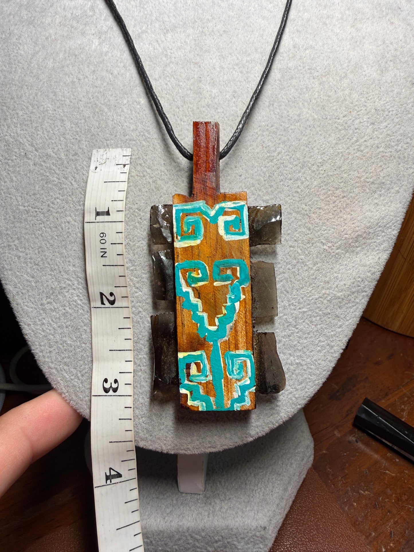 Mini Macuahuitl Necklace, Real Obsidian, Aztec Design, Handmade, Mexico (Xa12)