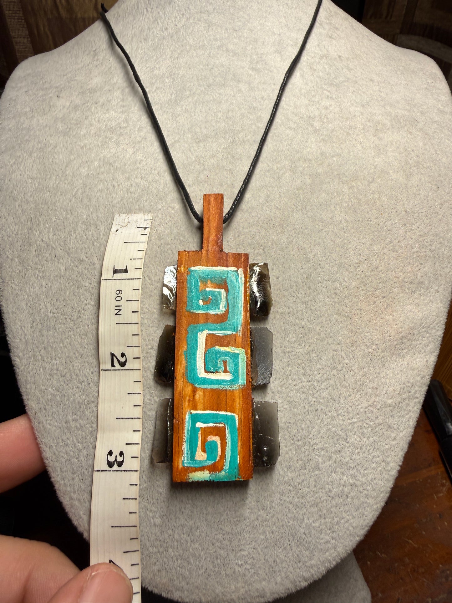 Mini Macuahuitl Necklace, Real Obsidian, Aztec Design, Handmade, Mexico (Xa13)