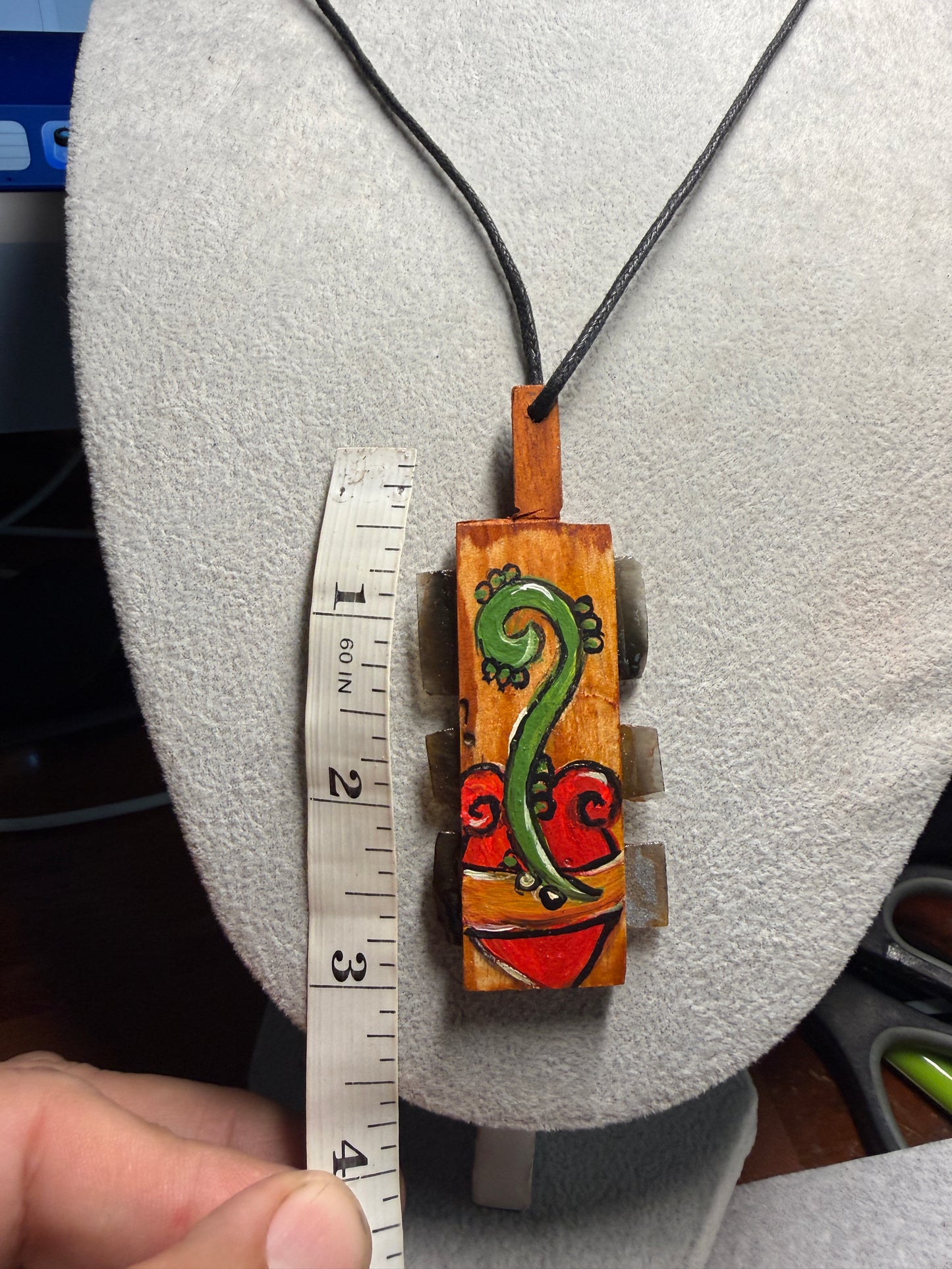 Mini Macuahuitl Necklace, Obsidian and Wood, Aztec Heart, Handmade, Mexico (Xa15)