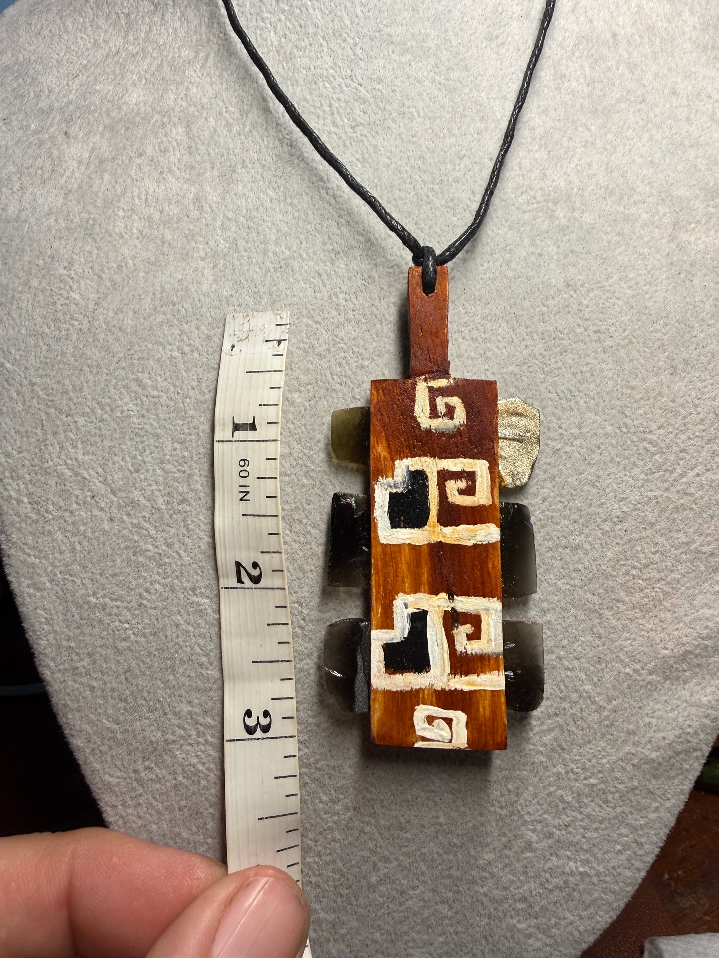 Mini Macuahuitl Necklace, Obsidian and Wood, Aztec Design, Handmade, Mexico (Xa16)