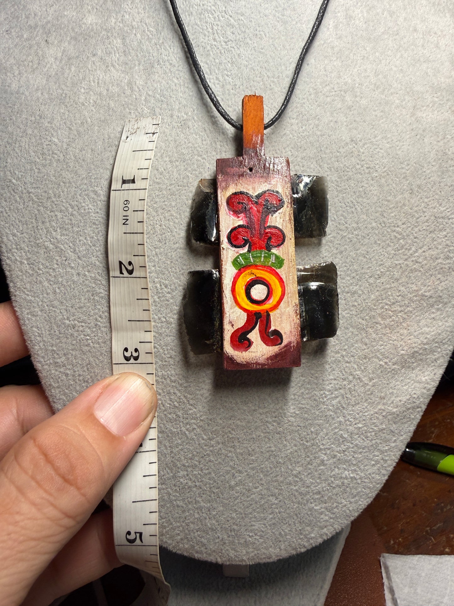 Mini Macuahuitl Necklace, Real Obsidian, Aztec Reed Acatl, Handmade, Mexico (Xa23)