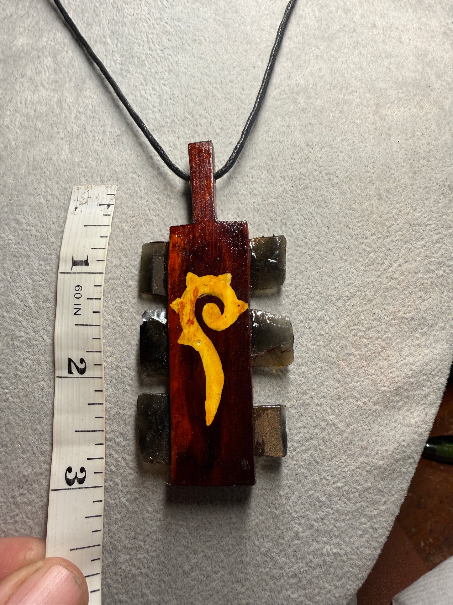 Mini Macuahuitl Necklace, Real Obsidian, Aztec Speech Nahuatl Design, Handmade, Mexico (Xa25)