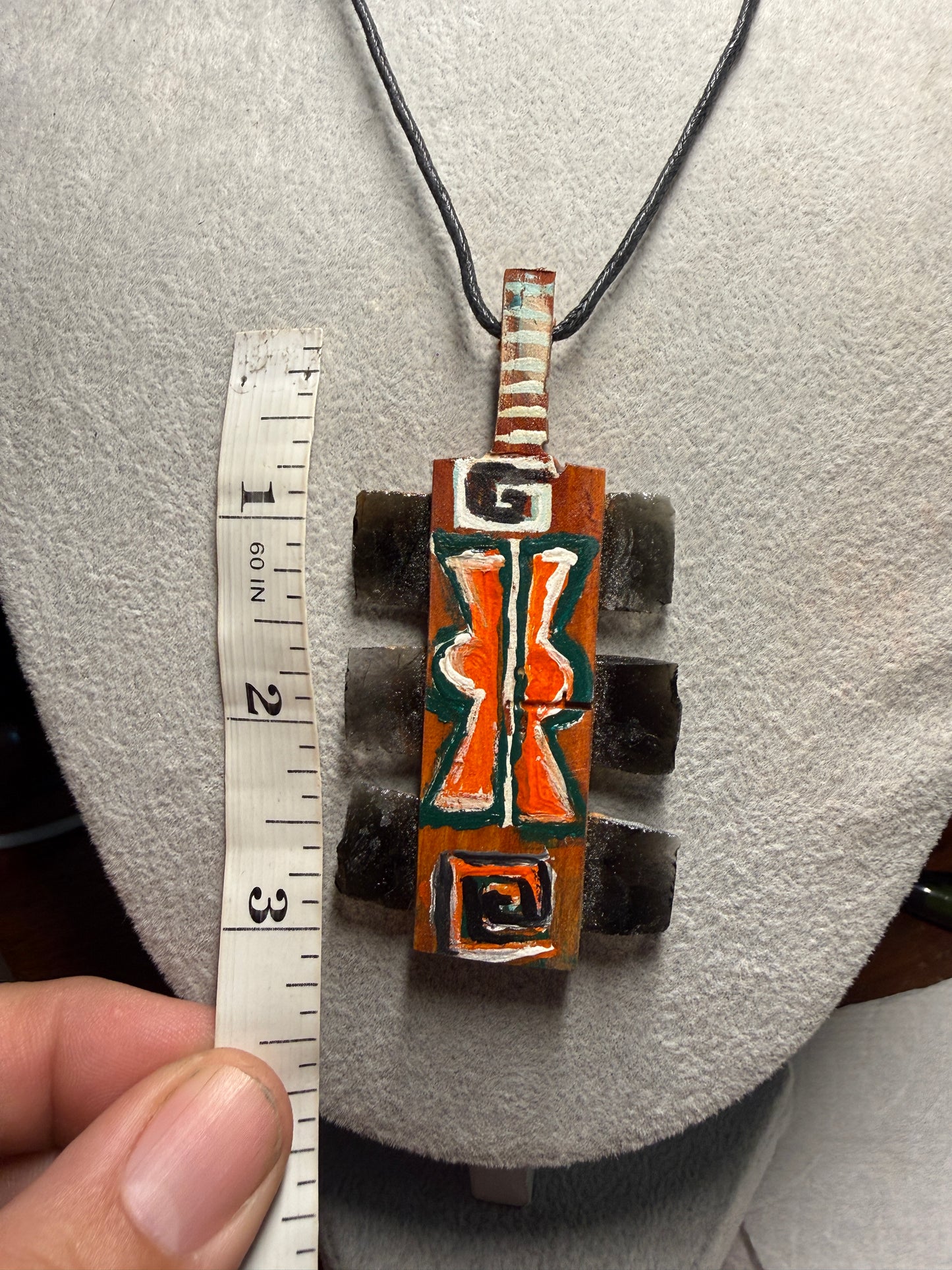 Mini Macuahuitl Necklace, Obsidian and Wood, Aztec Design, Handmade, Mexico (Xa27)