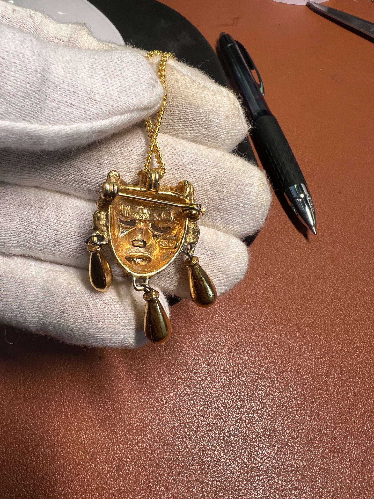 AZTEC SALVADOR TERAN MARBEL MEXICAN AZTEC XIPE TOTEC PENDANT GOLD PLATED NECKLACE #20