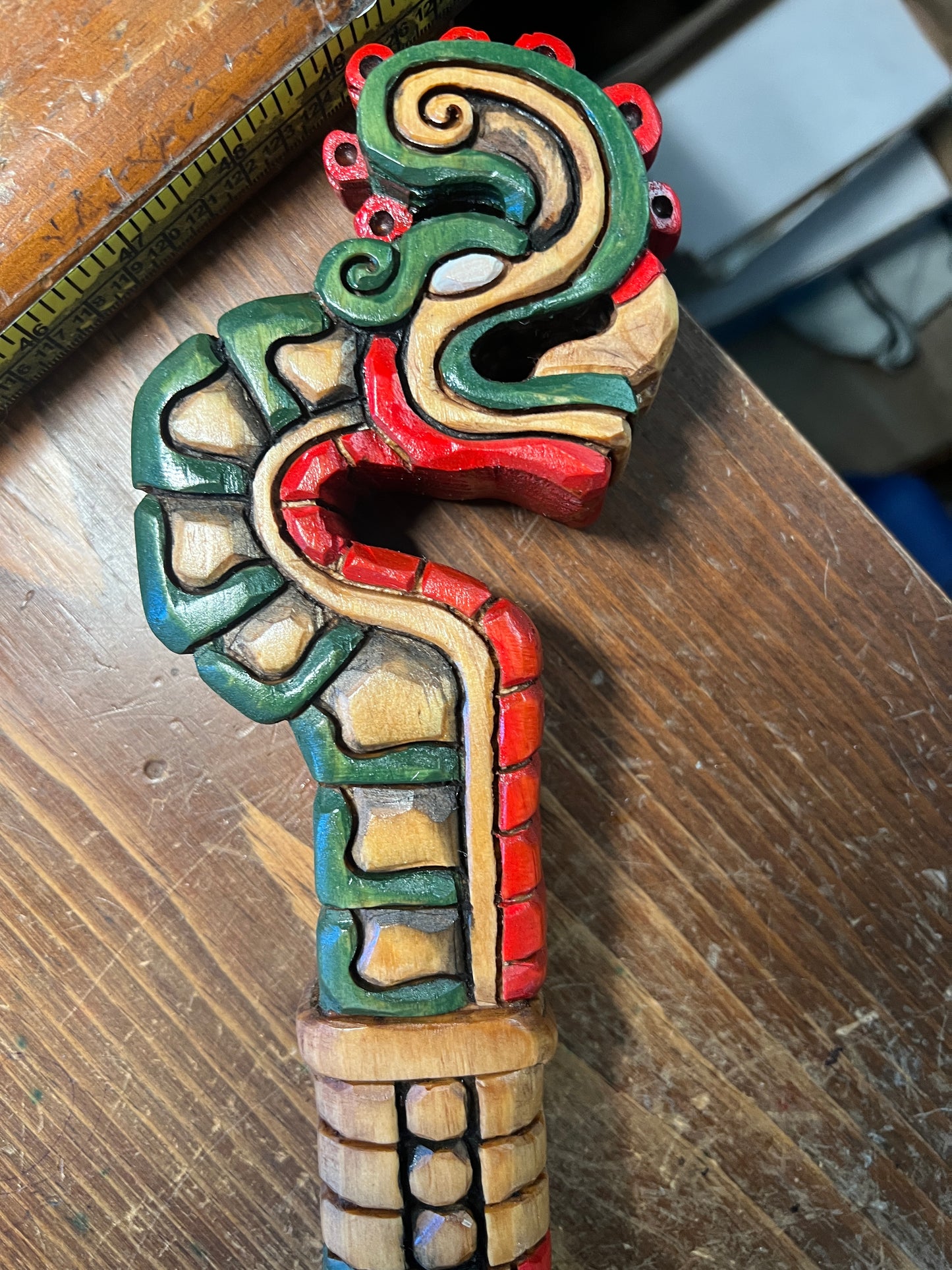 Huitzilopochtli's Xiuhcoatl Fire Serpent Dagger, Aztec Fire Serpent, Mexica Spear Thrower, Deep Wood Carved, 19" Painted