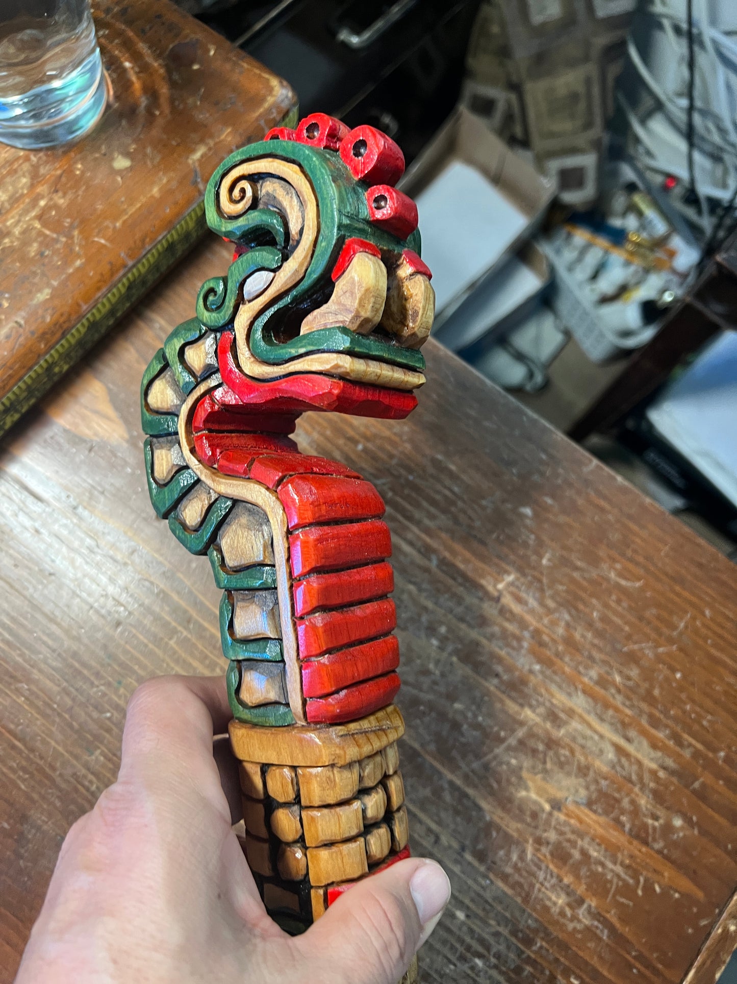 Huitzilopochtli's Xiuhcoatl Fire Serpent Dagger, Aztec Fire Serpent, Mexica Spear Thrower, Deep Wood Carved, 19" Painted