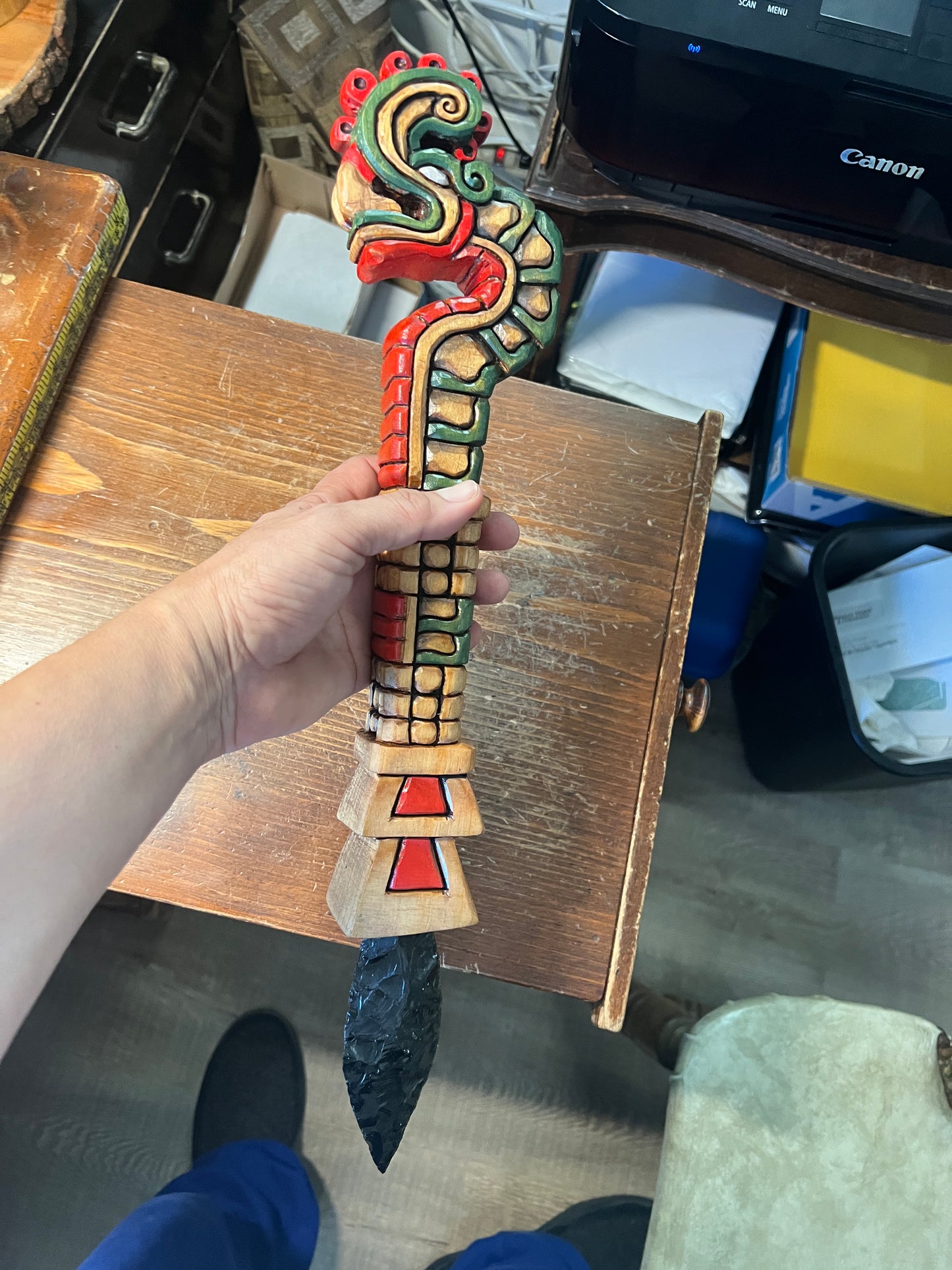 Huitzilopochtli's Xiuhcoatl Fire Serpent Dagger, Aztec Fire Serpent, Mexica Spear Thrower, Deep Wood Carved, 19" Painted