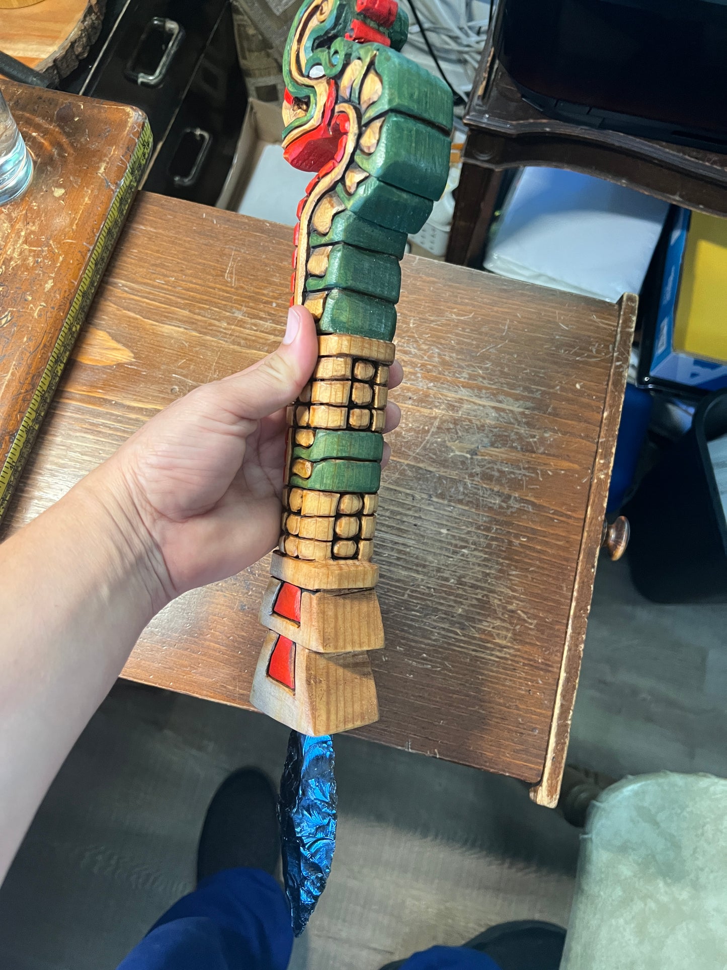 Huitzilopochtli's Xiuhcoatl Fire Serpent Dagger, Aztec Fire Serpent, Mexica Spear Thrower, Deep Wood Carved, 19" Painted