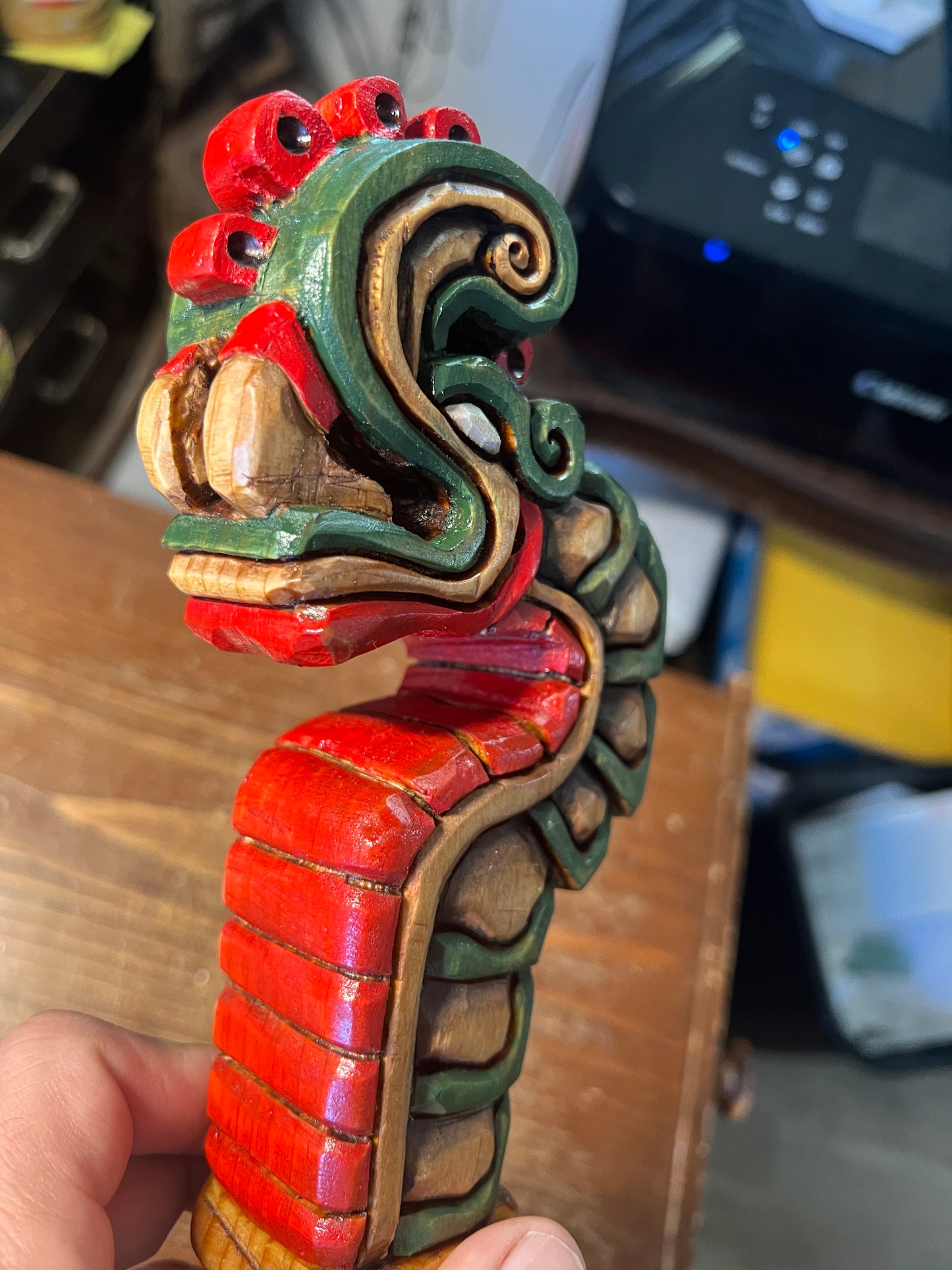 Huitzilopochtli's Xiuhcoatl Fire Serpent Dagger, Aztec Fire Serpent, Mexica Spear Thrower, Deep Wood Carved, 19" Painted