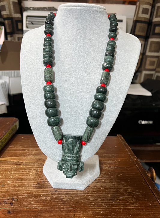 Serpentine Tlaloc Pendant Marble Beaded Necklace, Aztec Rain God, Mexico, Indigenous Jewelry, Native American, Meso-America, Pre-Hispanic (#17)