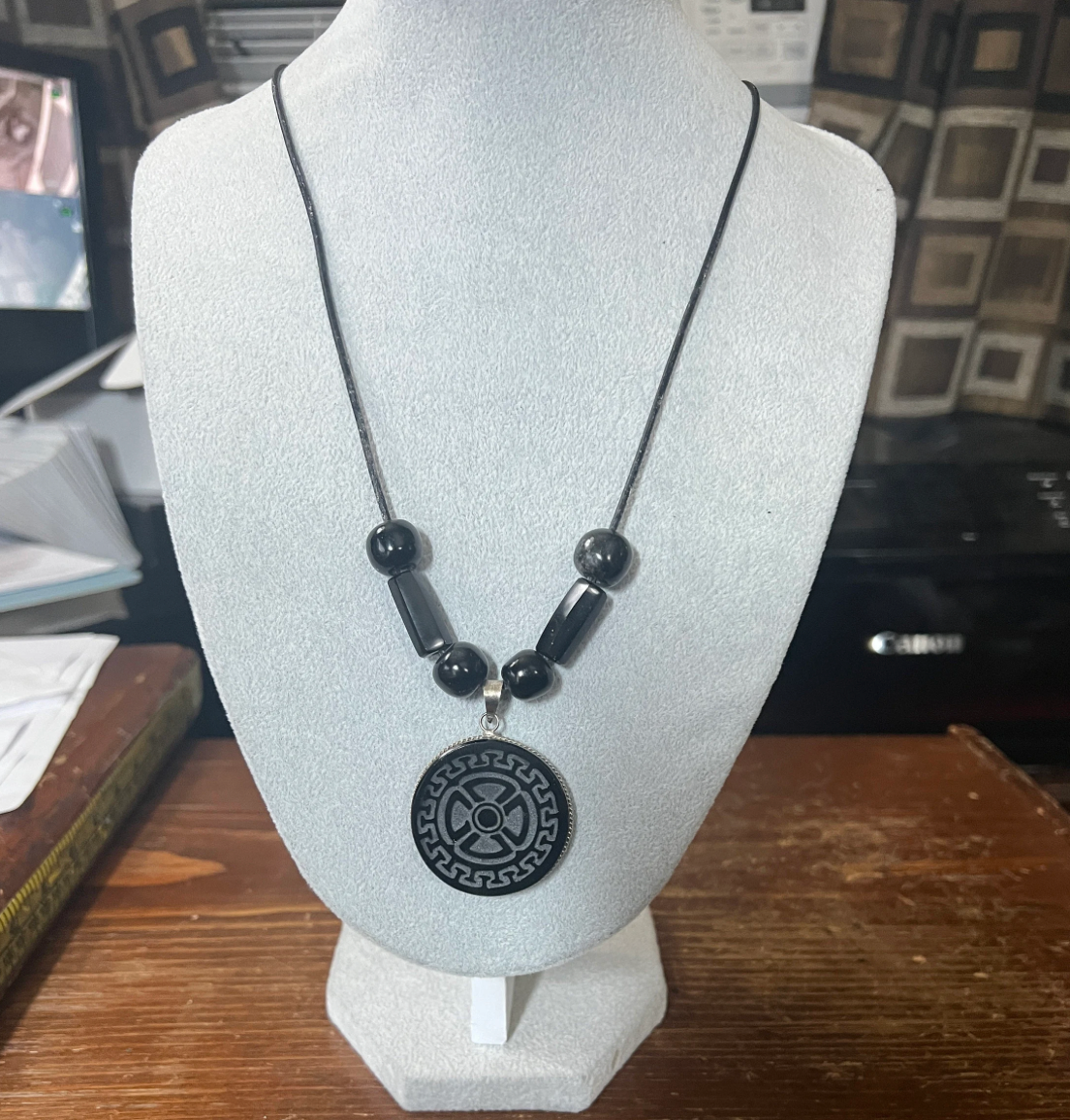 Mayan 4 Directions, Cardinal, Medicine Wheel, Obsidian Pendant with Obsidian Beads, Necklace #17
