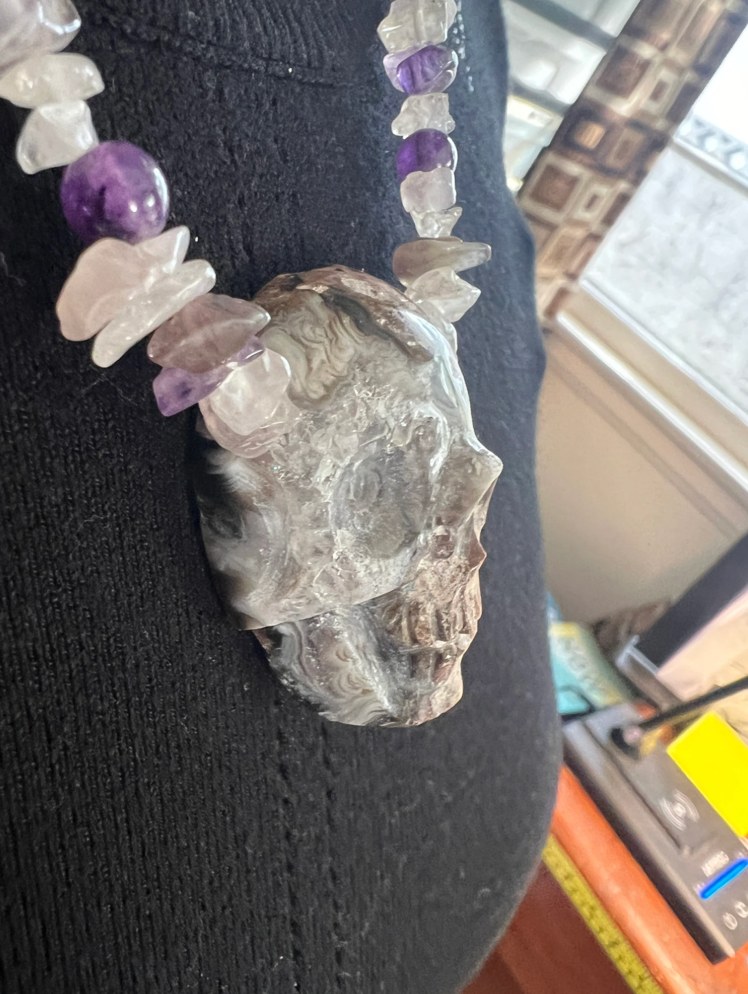 Quartz Skull Necklace, 17 in. Gorgeous Crystal Skull, handmade Indigenous Indians of Mexico, Mexica, Azteca, Aztec, Native Americans (#14)