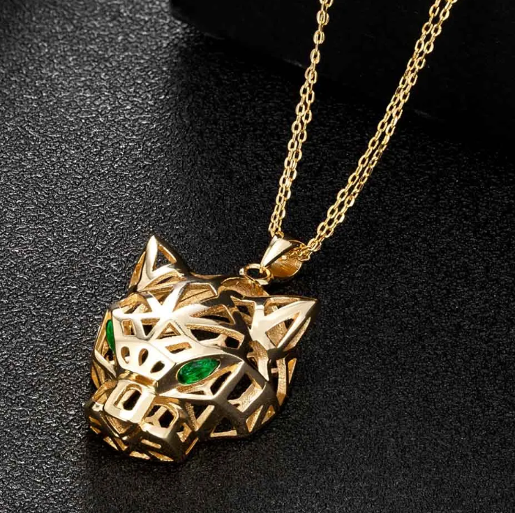 Hollow design leopard head pendant earrings set for women's couple gift fine Gold chain necklace (#20)