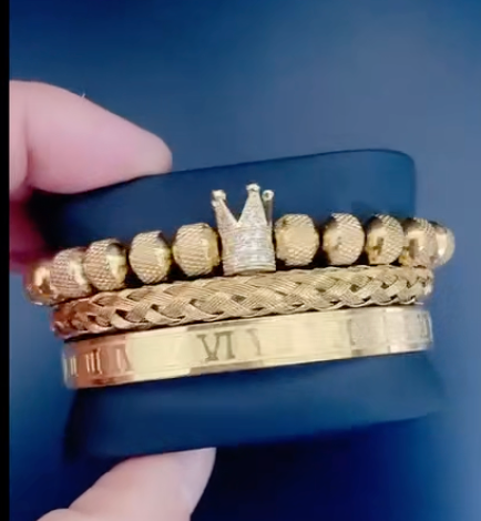 Stack Bracelets, Rhine-Stone Encrusted Crown, Wrist Cuff Braided, Roman Numerals Bangle, Gold Tone (#9)