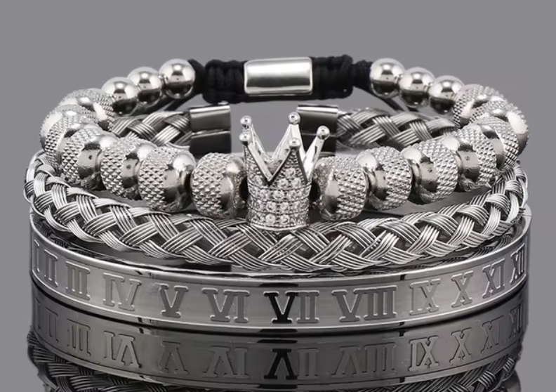Stack Bracelets, Braided, Rhine-Stone Diamond Encrusted Crown, Roman Numerals Bangle, Silver Tone (#9)