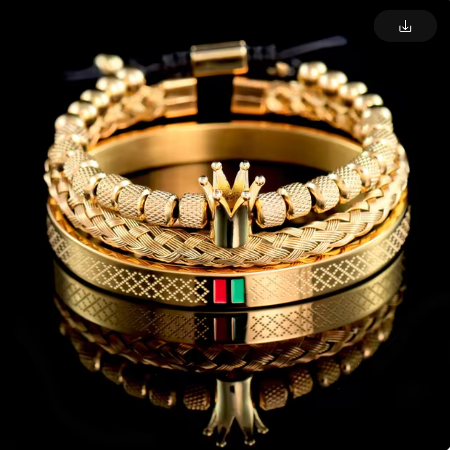 Stack Bracelets, Golden Crown, Wrist Cuff Braided, Italian Green Red Striped, Gold Tone (#19)