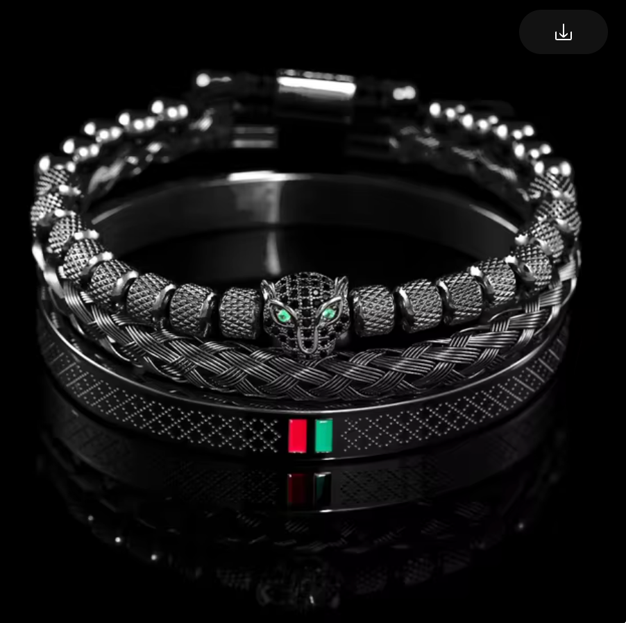 Stack Bracelets, Jaguar, Braided, Diamond Design Bangle, Black, Red and Green Italian Stripe (#10)