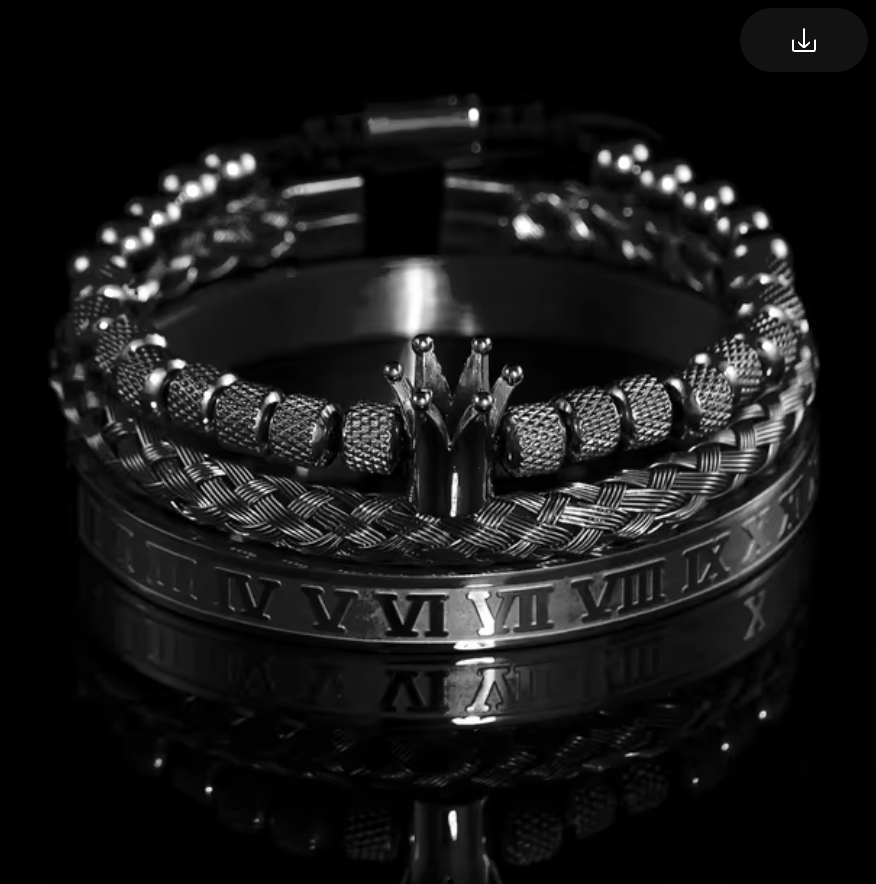 Stack Bracelets, Black, Crown, Wrist Cuff Braided, Roman Numerals Bangle, Italy (#11)