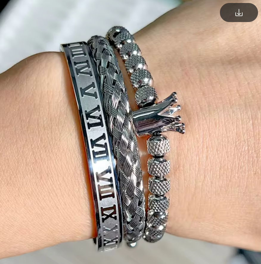 Stack Bracelets, Braided, Silver Tone Crown, Roman Numerals Bangle, Silver Tone (#14)