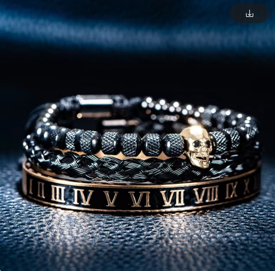 Stack Bracelets, Golden Skull, Blk Wrist Cuff Braided, Golden Roman Numerals Bangle, Italy (#2)