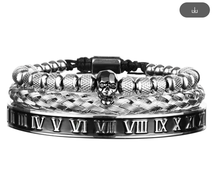 Stack Bracelets, Black Skull, Silver beaded, Silver Roman Numerals