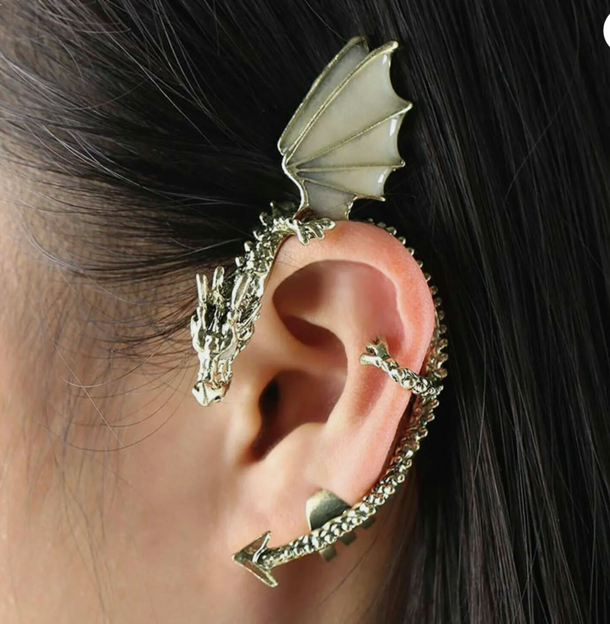 Quetzalcoatl Glow in Dark Ear Cuffs, Earrings, Stainless Steel Gold Tone, Dragon, Kukulkan (#6)