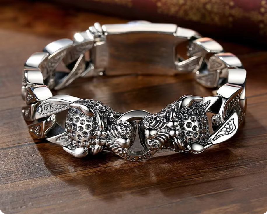Aztec Mayan Jaguar Sterling Silver Plated braided double head bracelet Men's chain (#8)