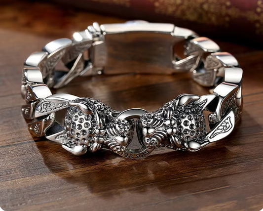 Aztec Mayan Jaguar Silver Tone Alloy braided double head bracelet Men's chain (#8)