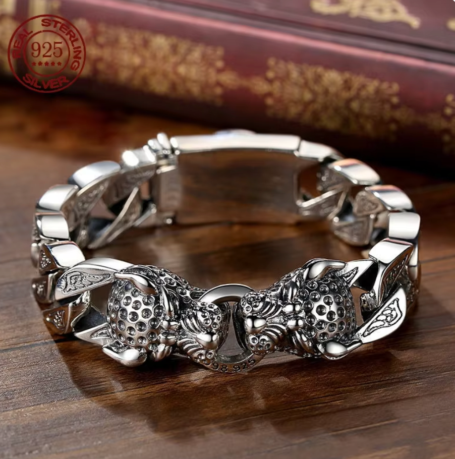 Aztec Mayan Jaguar Sterling Silver Plated braided double head bracelet Men's chain (#8)