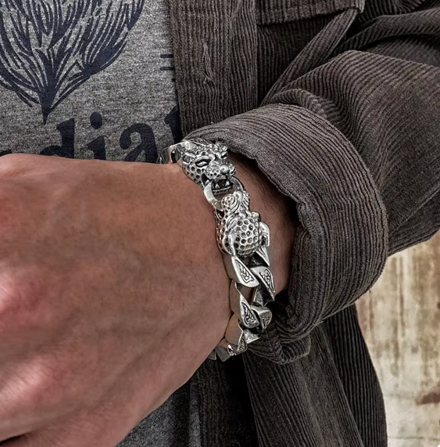 Aztec Mayan Jaguar Sterling Silver Plated braided double head bracelet Men's chain (#8)