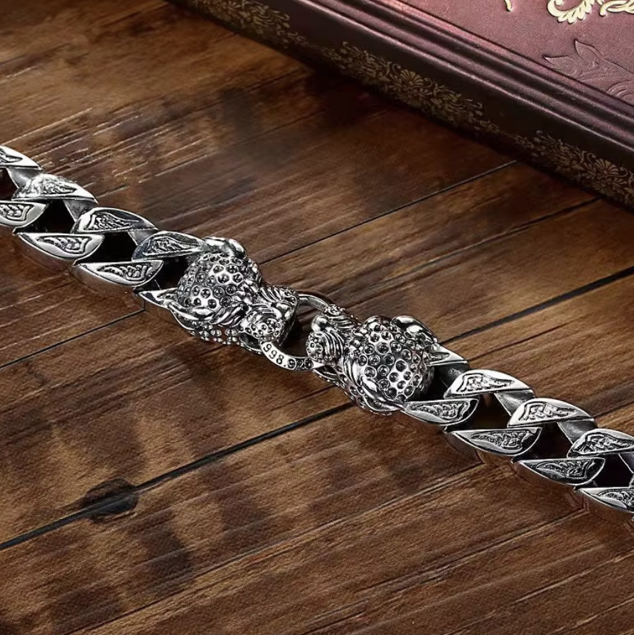 Aztec Mayan Jaguar Sterling Silver Plated braided double head bracelet Men's chain (#8)