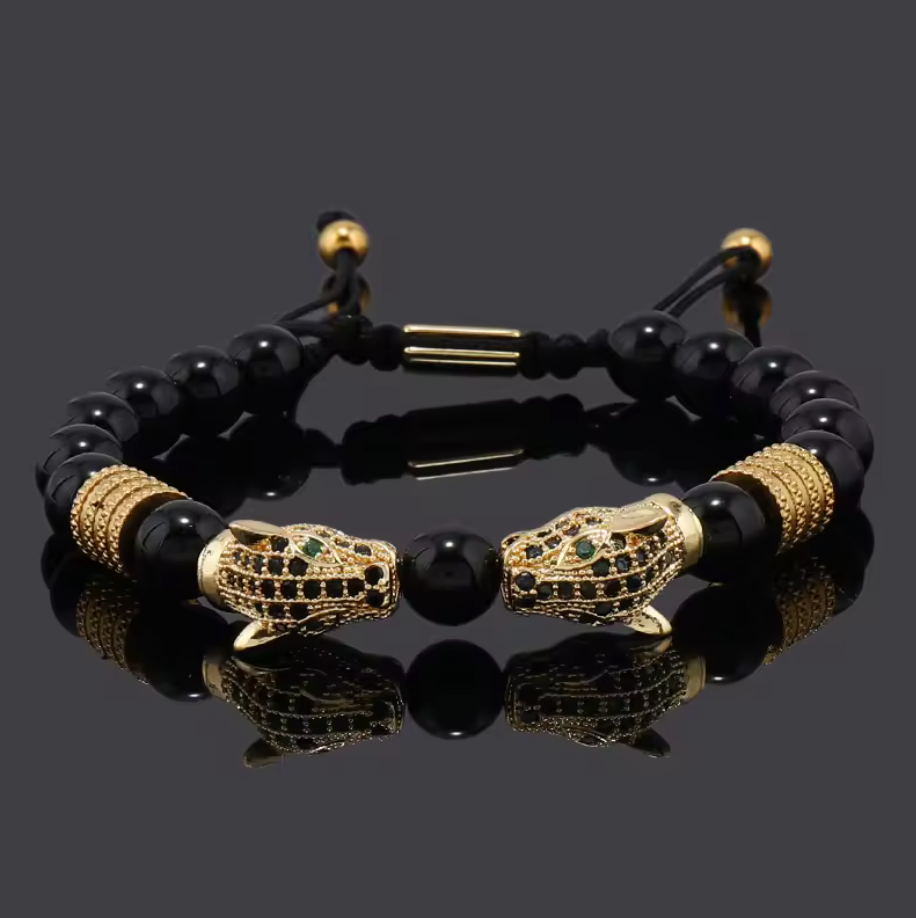 Kissing Mayan Jaguars Obsidian Stone Beads Bracelet Bracelets Men or Women (#2)