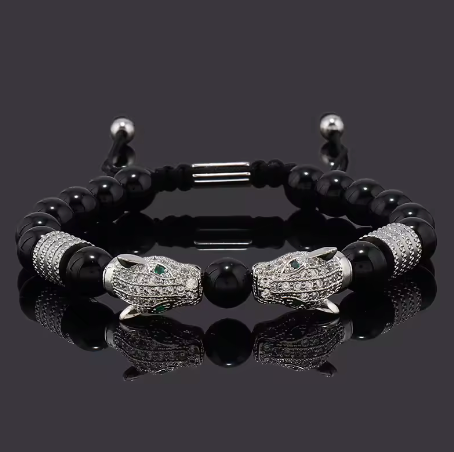Kissing Mayan Jaguars Obsidian Stone Beads Bracelet Bracelets Men or Women (#2)