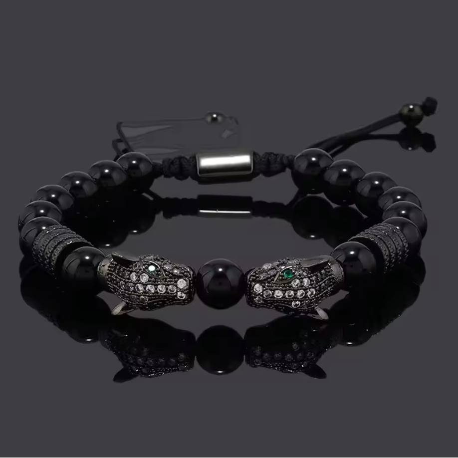 Kissing Mayan Jaguars Obsidian Stone Beads Bracelet Bracelets Men or Women (#2)