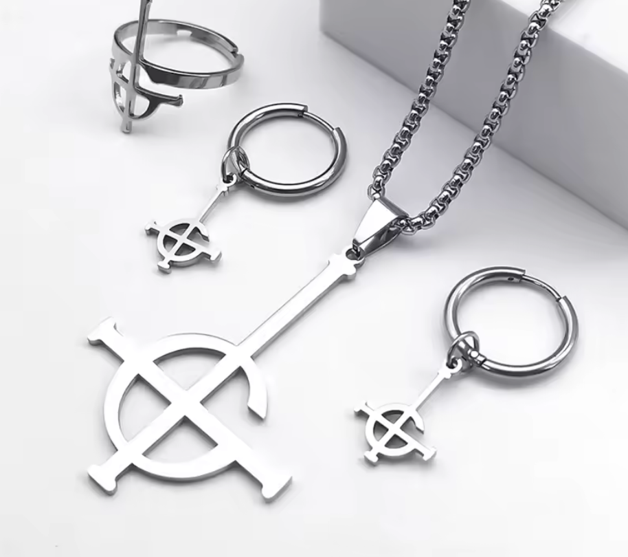 Stainless Steel Set Ghost G Papa Emeritus Pendant Necklace Ring Earrings (#2)