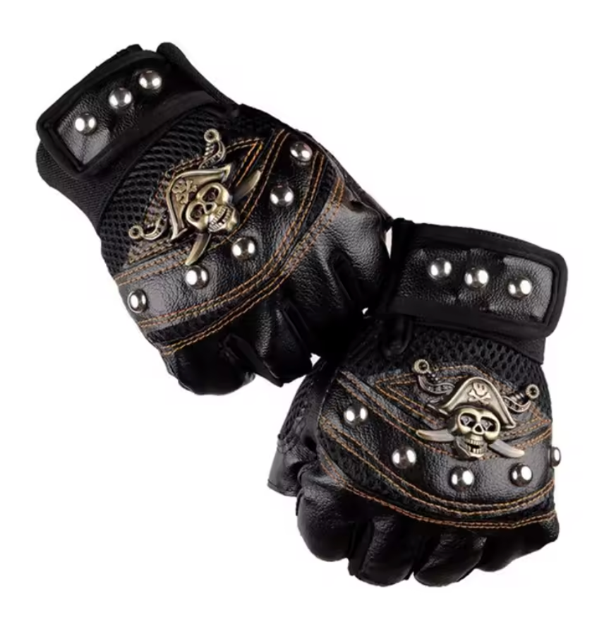 Pirate Skull Rivet Gloves Rocker Half Finger Motorcycle Driving Caribbean (#40)