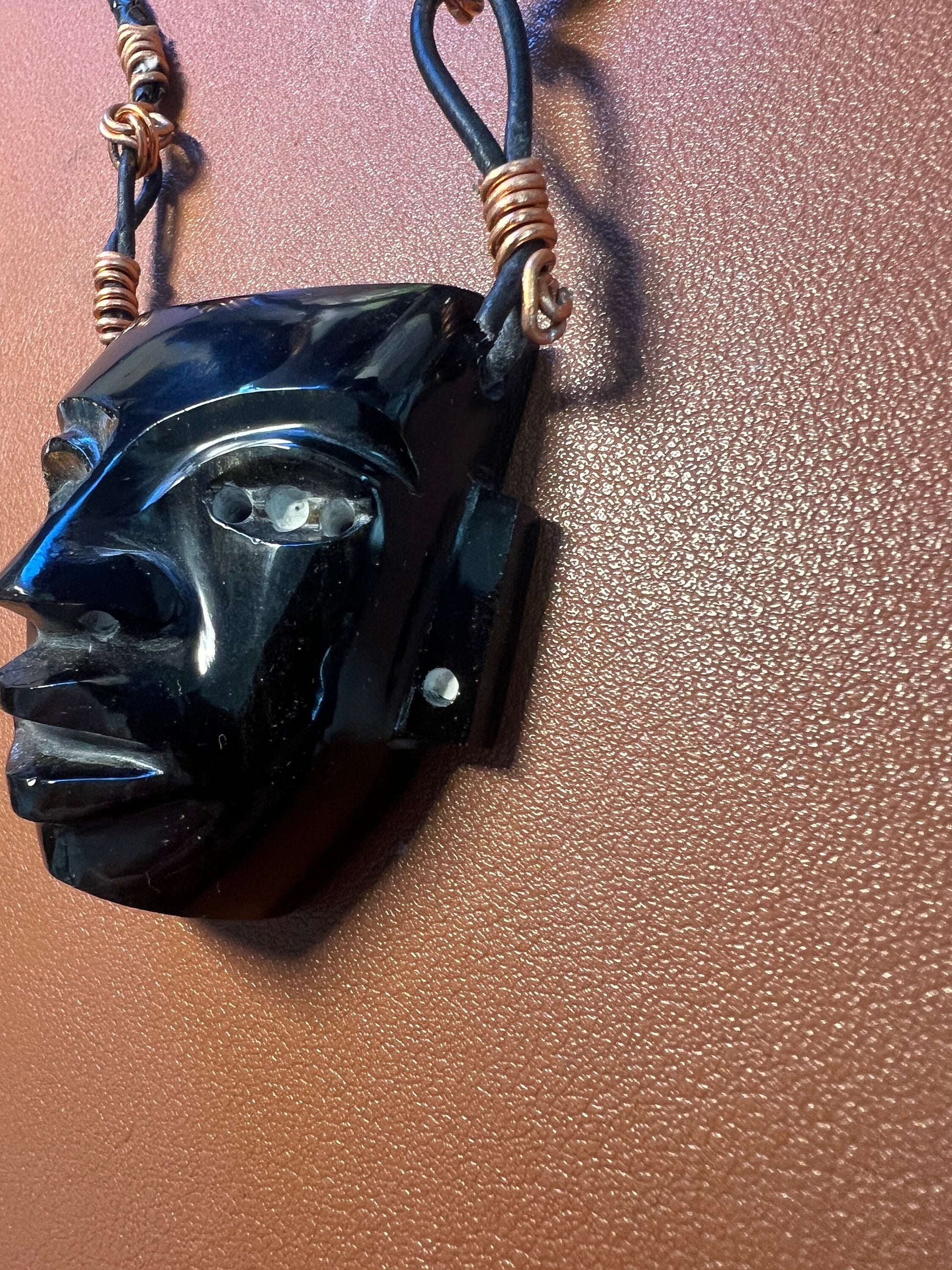 Black Gold Sheen Obsidian Mayan Mask Pendant Necklace with Braided Necklace and Copper Aluminum Bindings, (#A)