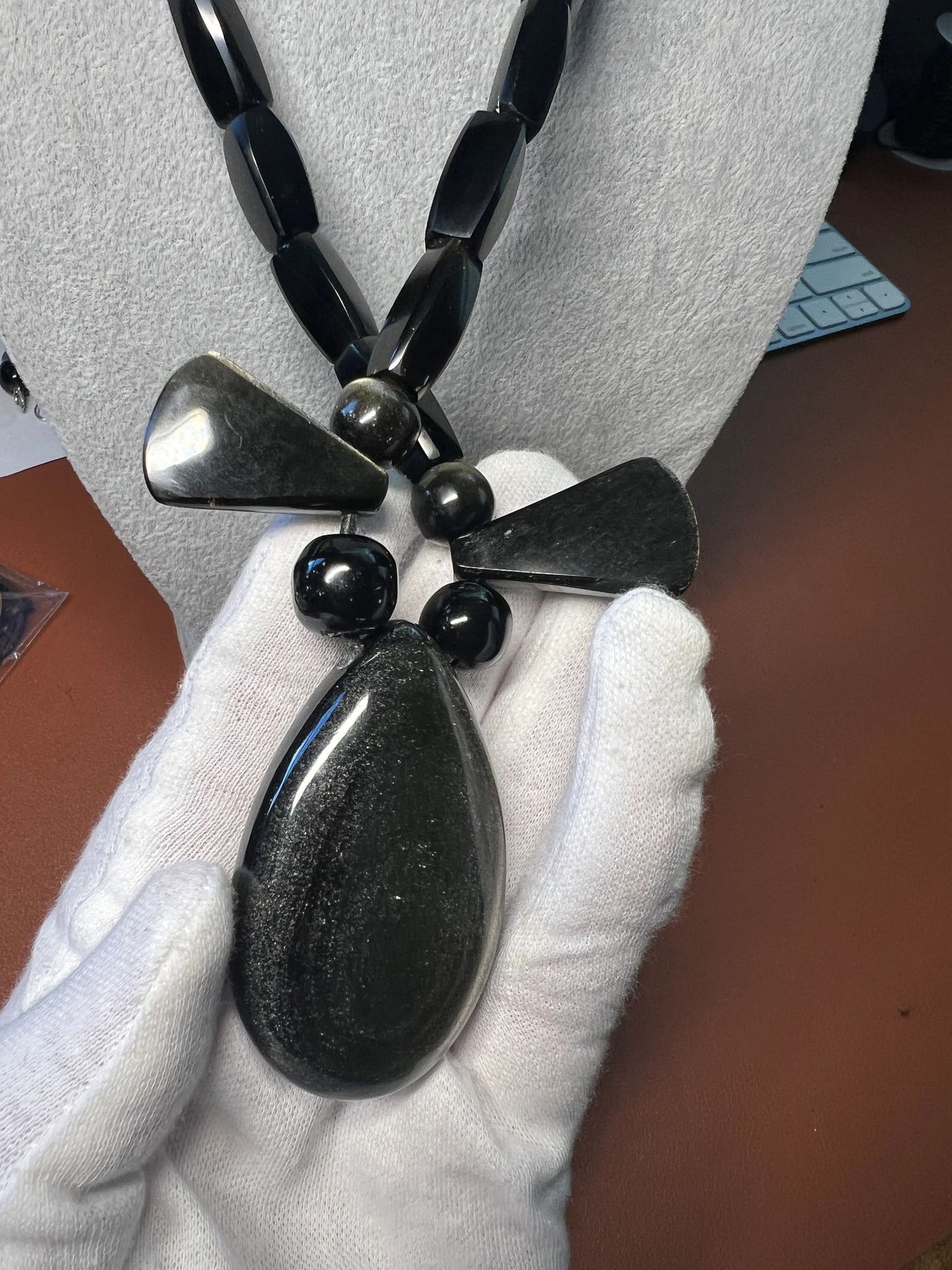 Aztec Nahuatl Speech Symbol Necklace Golden Sheen and Black Obsidian from Mexico, Teotihuacan, Rare, Unique, One of a Kind, 24 + in. (#13)