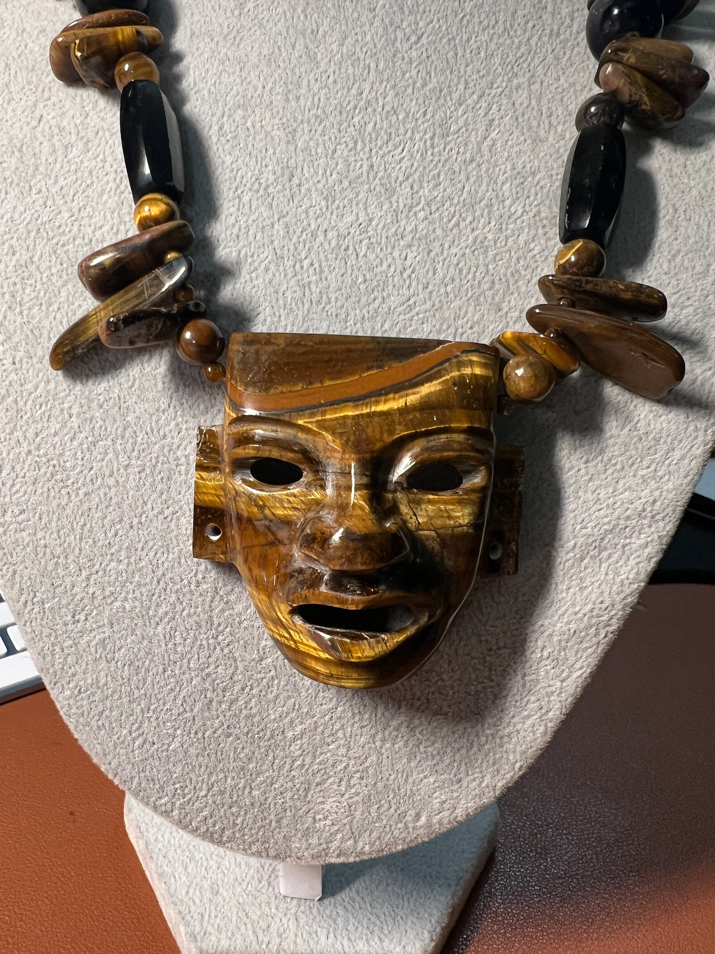Large Teotihuacan Face Mask Tiger Eye Stone Pendant Necklace, 20", Obsidian Beads, Handmade, Ritual Necklace Rare, Golden, Aztec, Maya (#15)