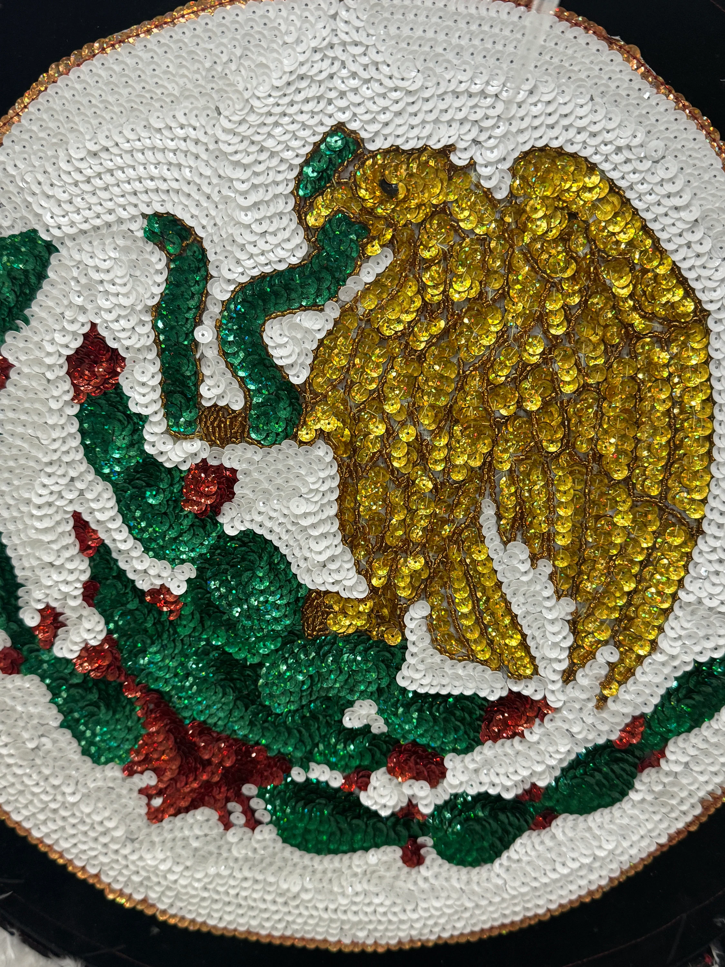 Chimalli Mexico Mictlantecuhtli AztecaChimalli Mexico Eagle Cactus Snake Azteca Danza Shield, Embroidered, Sequins, Handmade, Mexican, White Feathers, Pow Wow, Mitotoliztli 20"