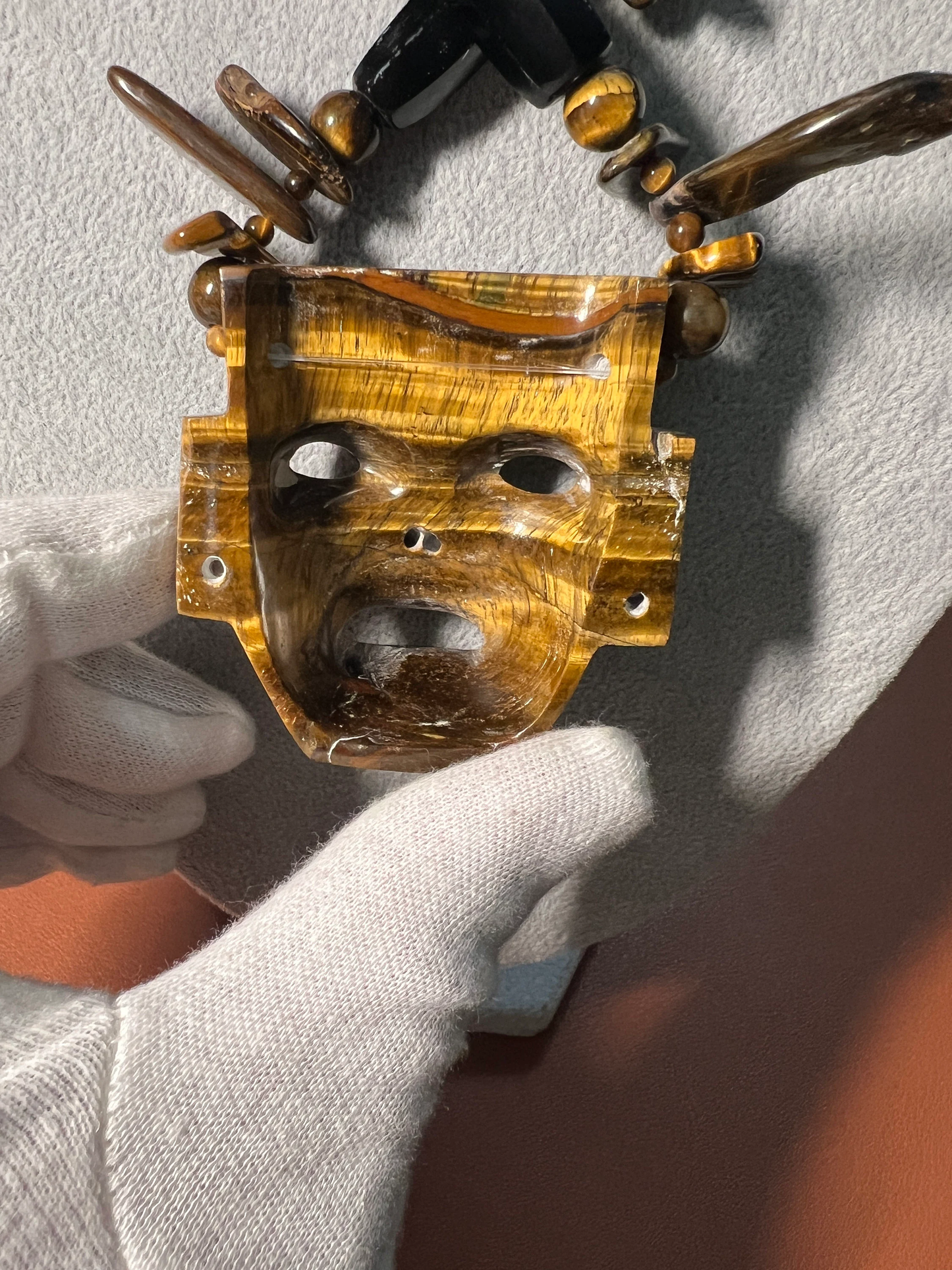 Large Teotihuacan Face Mask Tiger Eye Stone Pendant Necklace, 20", Obsidian Beads, Handmade, Ritual Necklace Rare, Golden, Aztec, Maya (#15)