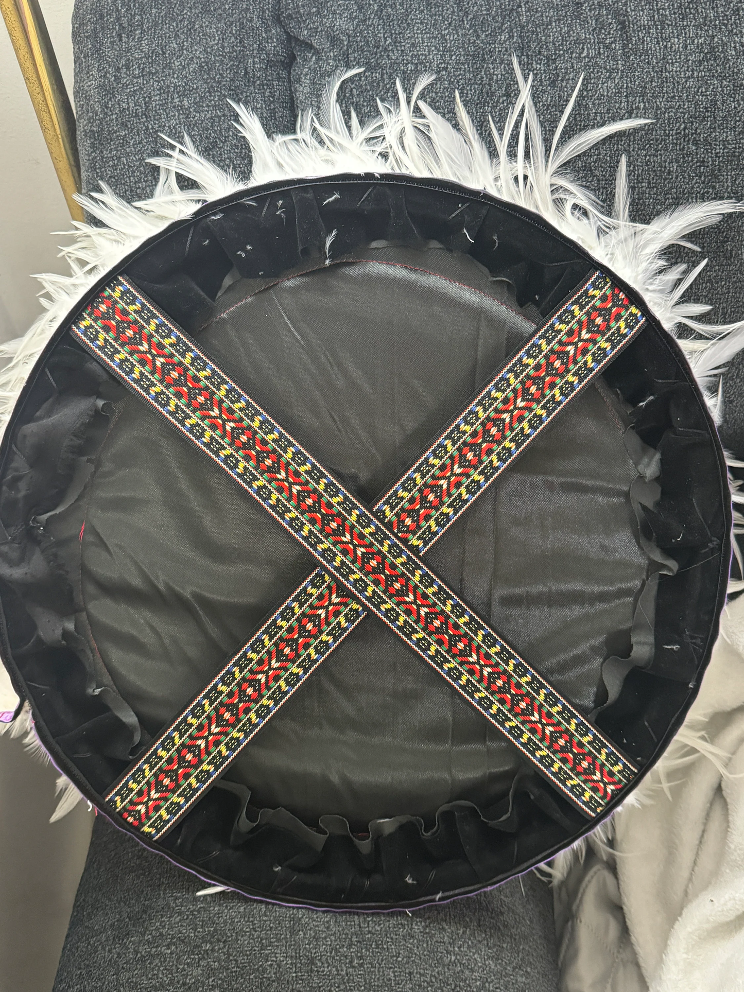 Chimalli Mexico Mictlantecuhtli AztecaChimalli Mexico Eagle Cactus Snake Azteca Danza Shield, Embroidered, Sequins, Handmade, Mexican, White Feathers, Pow Wow, Mitotoliztli 20"