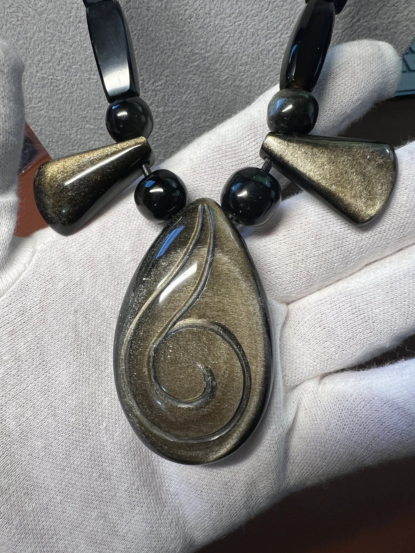Aztec Nahuatl Speech Symbol Necklace Golden Sheen and Black Obsidian from Mexico, Teotihuacan, Rare, Unique, One of a Kind, 24 + in. (#13)
