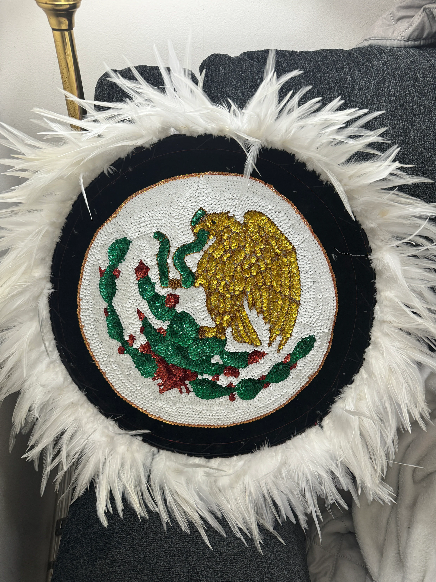 Chimalli Mexico Mictlantecuhtli AztecaChimalli Mexico Eagle Cactus Snake Azteca Danza Shield, Embroidered, Sequins, Handmade, Mexican, White Feathers, Pow Wow, Mitotoliztli 20"