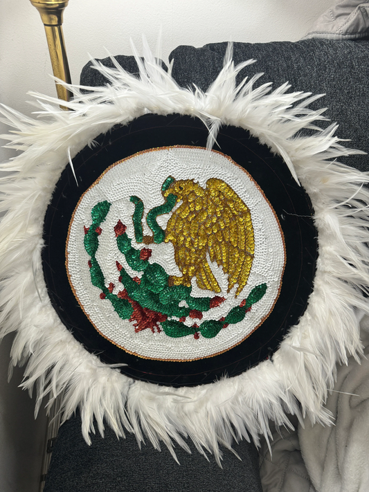 Chimalli Mexico Mictlantecuhtli AztecaChimalli Mexico Eagle Cactus Snake Azteca Danza Shield, Embroidered, Sequins, Handmade, Mexican, White Feathers,  Pow Wow, Mitotoliztli 20"