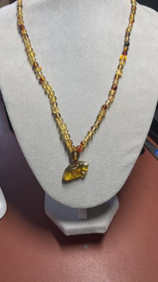Amber Jaguar Aztec Mayan Pendant Necklace, Mexican, Mexico, Indigenous (#35)