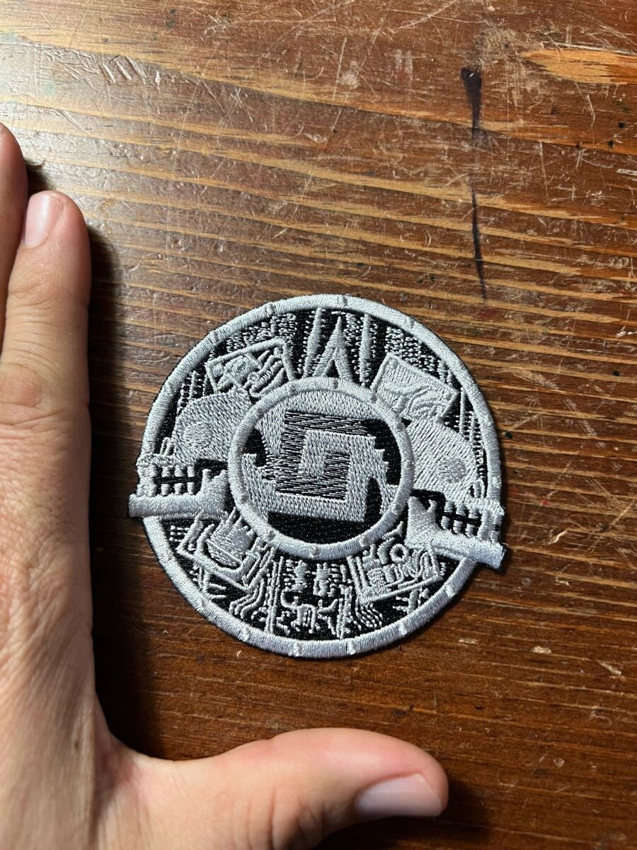 Mexica Aztec Shield Design Patch, Skulls, Black Silver, Nahui Ollin Olin Movement, iron-on patches