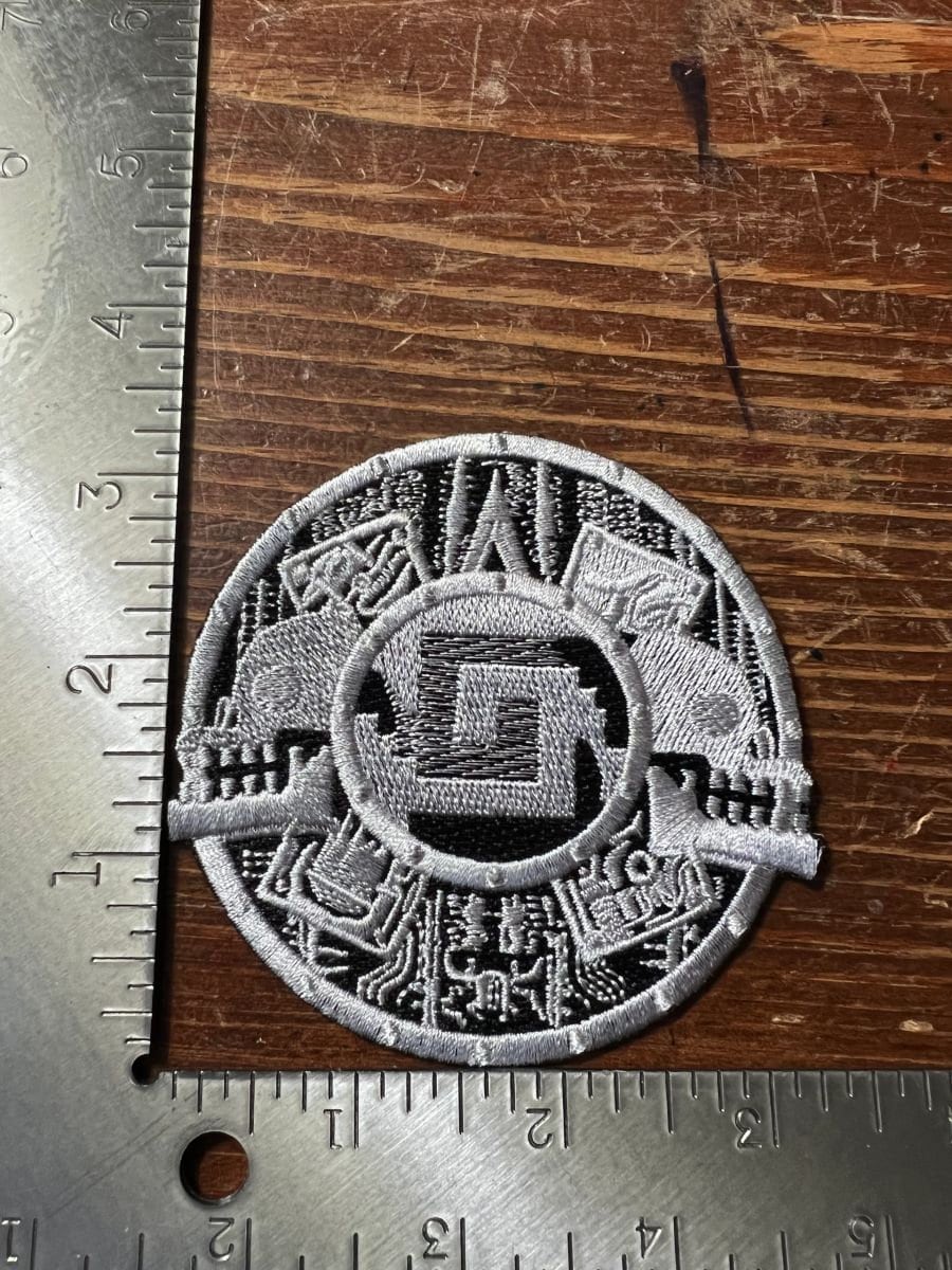 Mexica Aztec Shield Design Patch, Skulls, Black Silver, Nahui Ollin Olin Movement, iron-on patches
