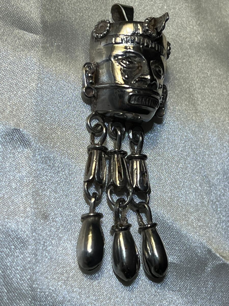 Aztec Or Mayan Vintage Xipe Toltec Sterling Silver Mexico Face Pendant with Articulating Bells, Rare, (3b)